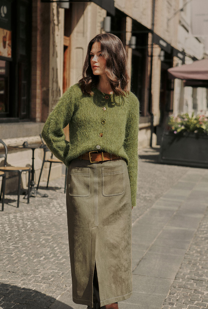 Debbie Suede Pencil Skirt - Kahki Green
